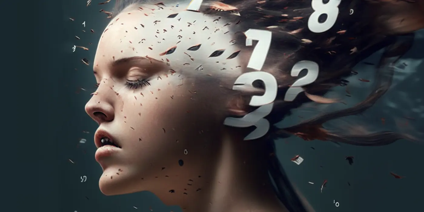 Data in the form of numbers flying around the head of a woman.
