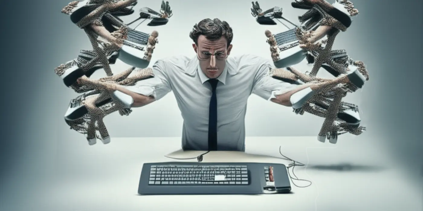 An office worker with multiple arms trying to complete tasks with multiple tools.