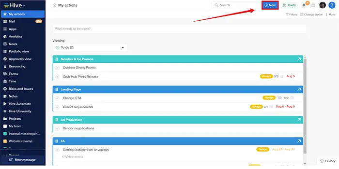 The hive.com dashboard shows an example of KPI actions