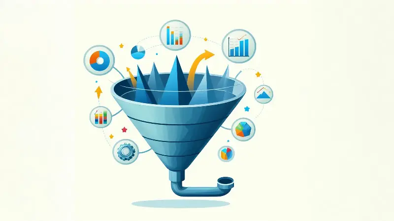 A funnel with different KPIs to demonstrate the filtering and prioritizing of the right KPIs.