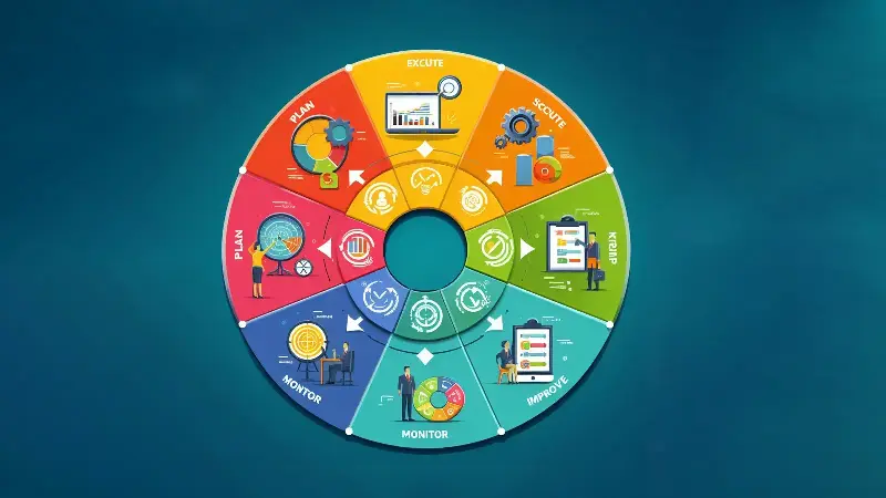 A wheel with different KPIs and steps to represent the continuous improvement of the KPI strategy.