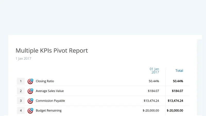 Screenshot of a pivot table report showing financial KPIs .