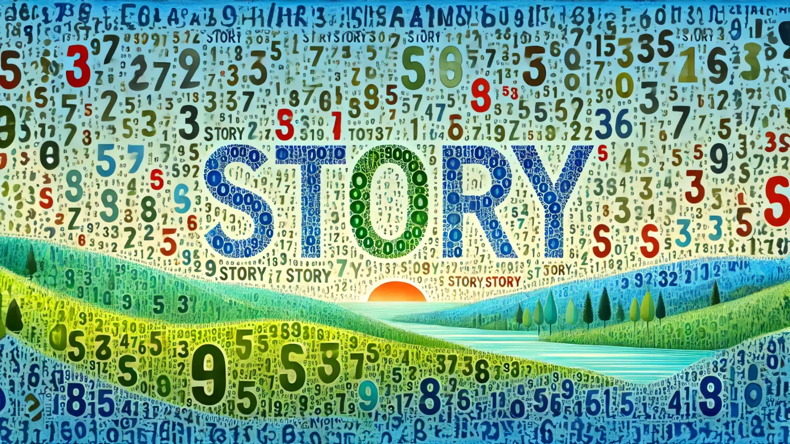 Colorful numbers forming the word 'story' against a landscape background, symbolizing the concept of data-driven storytelling.