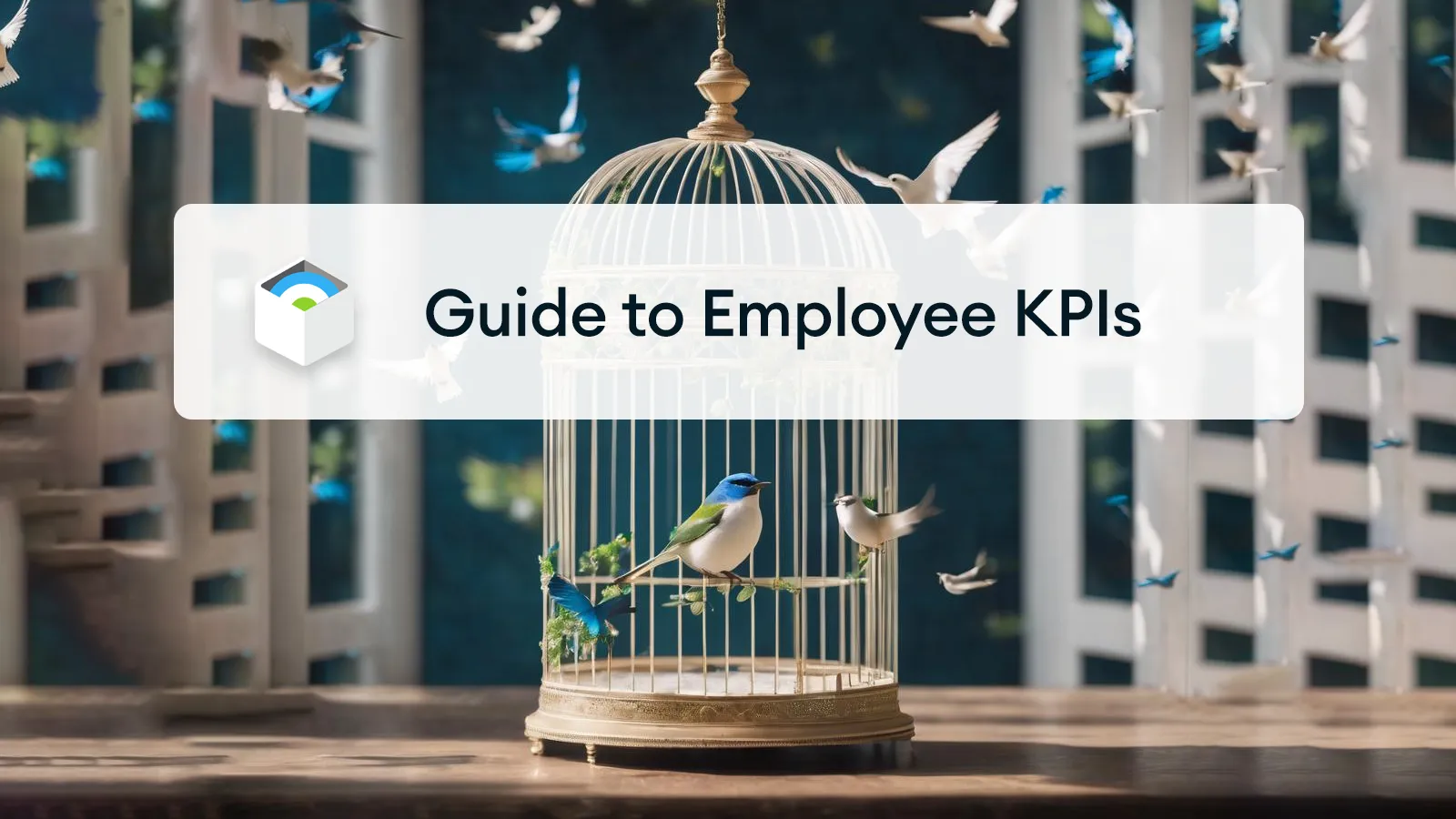 green and blue birds flying around an open cage with the words guide to employee KPIs overlayed