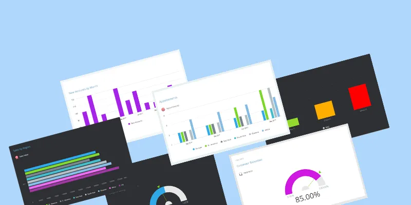 6 example dashboard charts overlapping on a blue background 