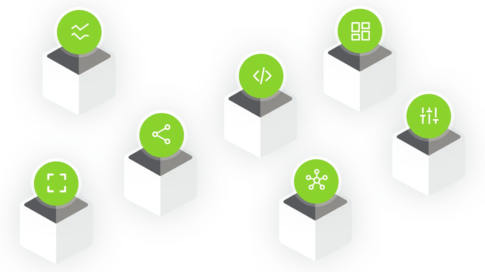 Seven white boxes with green KPI icons floating above
