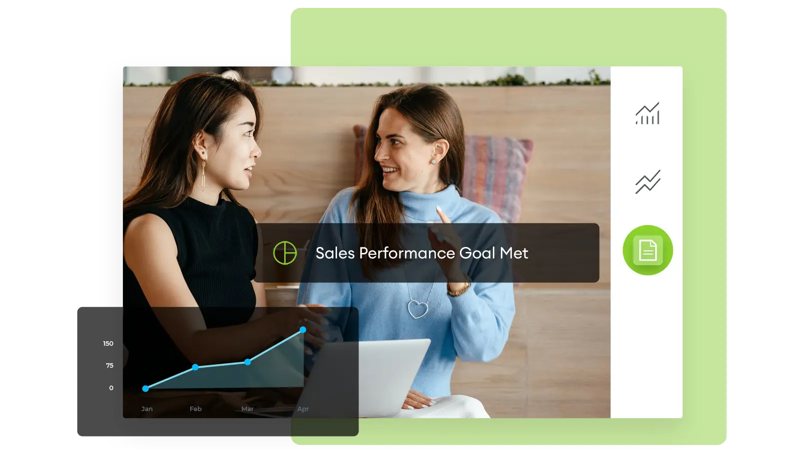 Two women chatting with sales performance type overlayed